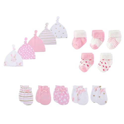 Image of JELYLOVE 15 Pack Unisex New Born Boy Girls Hats Mittens Socks Sets Cotton Soft Infant Accessory 0-6 Months Baby Essentials