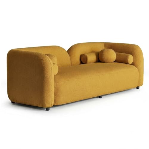 Image of CRAFTCITY Curved 3 Seater Cloud Sofa Upholstered 3 Seater Sofa for Living Room Bedroom Home Office Meeting Room Velvet Fabric Sofa (Yellow)