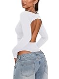 PINKMSTYLE Women Long Sleeve Open Back Bodysuit Slimming High Neck Double Lined Ruched Thong Going Out Tops Club Clothing White Small