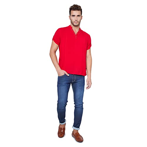 Image of Identiti Solid Half Placket Slim Fit 100% Viscose Casual Shirt /Kurta for Men Red