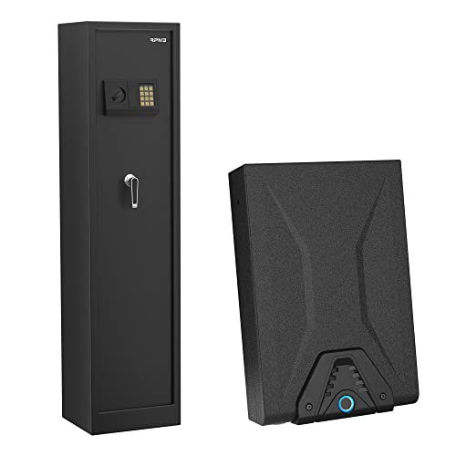 Rpnb 1 Of 5-Gun Electronic Large Metal Rifle Safe With Separate Pistol/Ammo Area And 1 Of Smart Biometric Fingerprint Pistol Safe For Nightstand With California Doj Certified, Bundle #TOP28