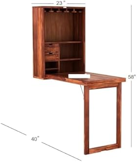 Furniture Solid Wood Bar Cabinet with Folding Dining Table for Home | Wall Hanging Design Mini Bar & Table for Living Room, Brown (Natural)