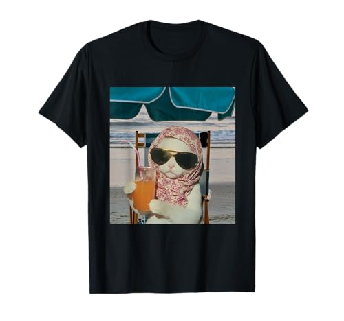Weiße Katze Orange Drink Sonnenbrille Strandkorb Blauer Regenschirm...