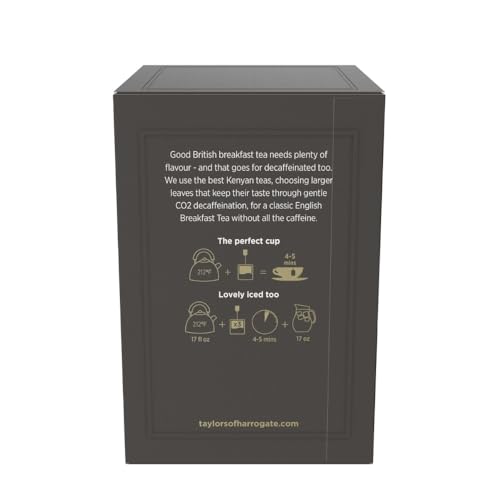 Image of Taylors of Harrogate Decaffeinated Breakfast, Black Tea, Individually Wrapped Bags, 20 Count (Pack of 1), Rich, Bright & Balanced, Decaffeinated, Enjoy Hot or Iced, 20 Teabags