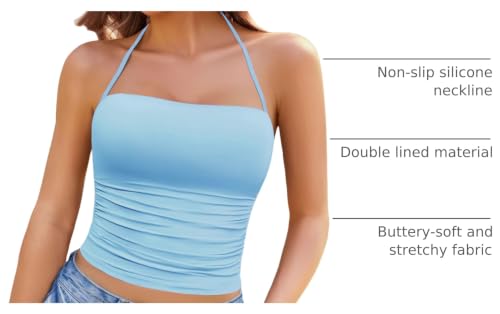 Image of Avidlove Halter Tops for Women Going Out Double Lined Sexy Crop Tank Top Ruched Slim Fit Cami Y2K Outfits Womens Summer Tops