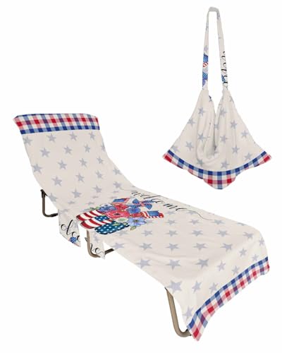 Patriotic Vase Floral Beach Chair Towel Covers for Chaise Lounge with Side Pocket, Soft Plush Pool Towels Cover for Patio Sunbathing Outdoor 29''x85'' 4th of July Memorial Day Lattice