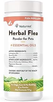 NaturVet – Herbal Flea Plus Essential Oils – Essential Oils Help to Keep Fleas Away– Deodorizes with a Fresh Herbal Fragrance – for Dogs & Cats – 4 oz Powder