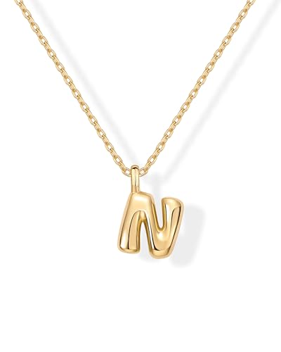 PAVOI 14K Yellow Gold Plated Dainty Chunky Bubble Initial Letter Pendant Necklace for Women - Alphabet Letter Necklace - Letter N