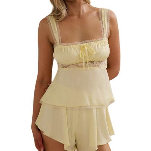 Image of ROAONOCOMO Women Lace Trim Pj Shorts Set Square Neck Coquette Tank Top Silk Satin Pajama Set Babydoll 2 Piece Shorts Outfit