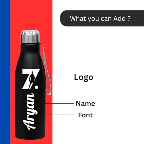 Image of CASPIAN / / / Bolt Customised Stainless Steel Water Bottle 1L, Black with Logo Print - Personalised Water Bottle with Your Name Print for Kids Boys Girls School Office Gym- Perfect for Corporate Gifting