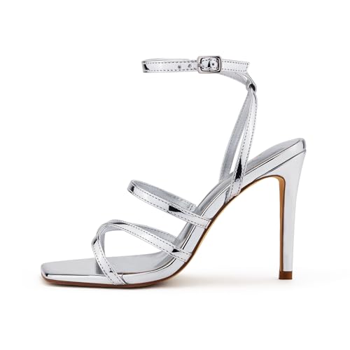 Image of Elisabet Tang Women's Crystal Stilettos Heeled Sandals, 4 Inch Square Open Toe Strappy Sexy High Heels Ankle Strap Buckle Heels for Party Wedding Dress Daily Wear Shoes