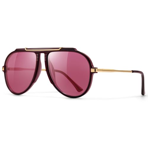 SUNGAIT Oversized Aviator Sunglasses Women Stylish Tangle Free Pilot Shades Retro Gold Metal Accents & Muti-color UV400 Lens(Dark Purple Red Frame/Purple Red Lens)