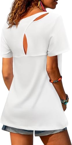 Fisoew Women's Sport T-Shirt Open Back Short Sleeve Fitness Yoga Tee Shirts Workout Gym Athlete Tops Loose Fit(A-White, L)