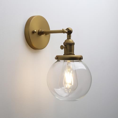 Image of Phansthy Vintage Wall Sconce with Switch, 180 Degree Adjustable Hardwired Bathroom Vanity Light, Industrial Wall Light with 5.9 inch Globe Glass Shade for Living Room Kitchen (Antique Gold, 1-Light)