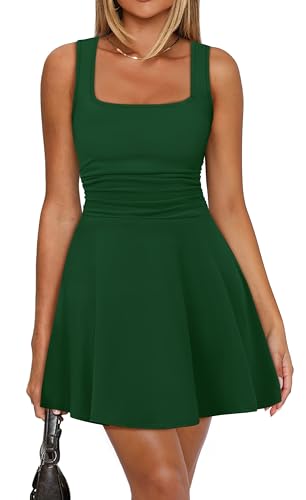 OFEEFAN Green Dresses for Women Summer Square Neck St Patricks Day Dress Beach Vacation Dresses Ruched Waist Fit and Flare Dress M