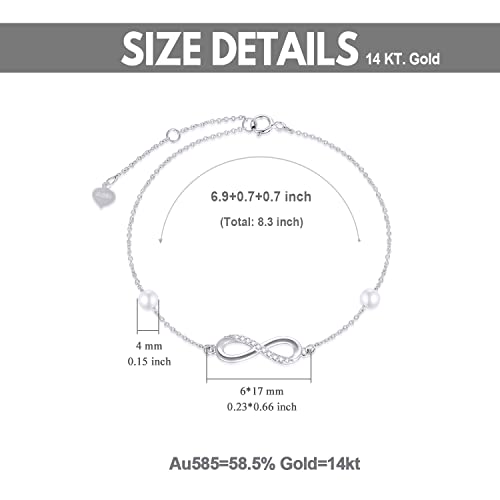 SISGEM 14k Gold Diamond Infinity Bracelet for Women, Real Gold Pearl Love Jewelry Gifts for Wife, Present for Her, 6.9"-8.3"2