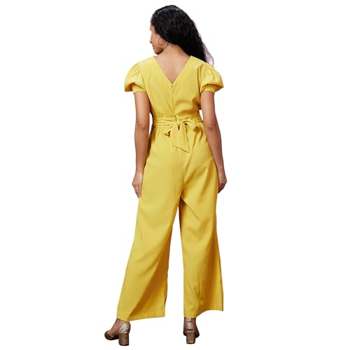 Image of Globus Women Wine Solid Wrap V-Neck Short Sleeves Jumpsuit with Waist Tie-Up-3638457004
