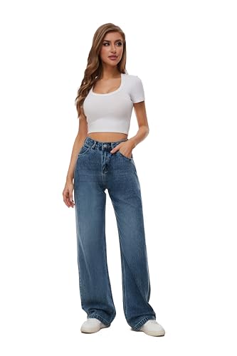 Women High Waist Wide Leg Jeans Boyfriends Stretch Long Trousers Denim Pants Classic Blue2
