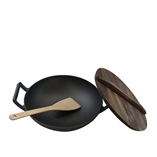 Image of Home VSS Cast Iron, Pre-Seasoned Wok 12.5" With Wood Spatula and Wood Lid