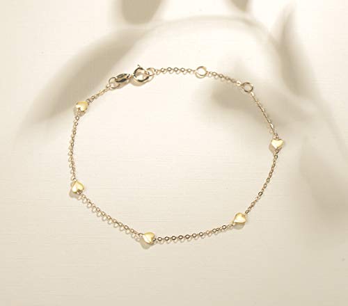 Carleen 14K Solid Real Yellow Gold Heart Love Delicate Simple Thin Bracelet Dainty Everyday Fine Jewelry Bracelets Anniversary Birthday Gifts For Her Women Girlfriend Wife Teens Adjustable, 7 Inch #TOP1