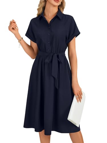 Image of Vrtige Women's Collar Neck Button Down Tie Waist Short Sleeve A Line Midi Shirt Dress