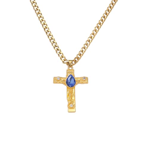LGBOTMC Jesus Cross Pendant Necklace with Blue Teardrop Gemstone, Gold Copper Chain, 22.8 Inches, Polished Finish, Modern Style,gift christian. Packaged in a gift box