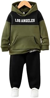 Boys & Girl Fleece Material Colorblock Print Casual Sweatshirt And Sweatpant Set_11-12 Years (DE_LOSANGELES_OLIVE_11_12_PT) Price In India