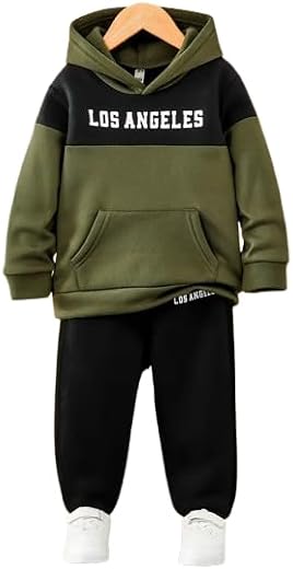 Boys &amp; Girl Fleece Material Colorblock Print Casual Sweatshirt And Sweatpant Set_11-12 Years (DE_LOSANGELES_OLIVE_11_12_PT)