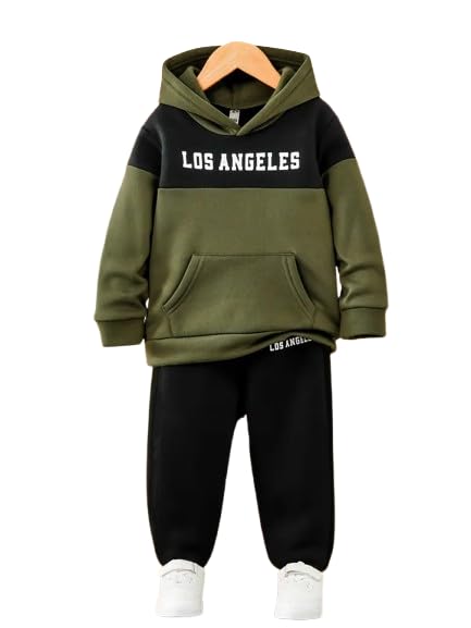 Boys & Girl Fleece Material Colorblock Print Casual Sweatshirt And Sweatpant Set_11-12 Years (DE_LOSANGELES_OLIVE_11_12_PT) - Review, Price and Buying Guide