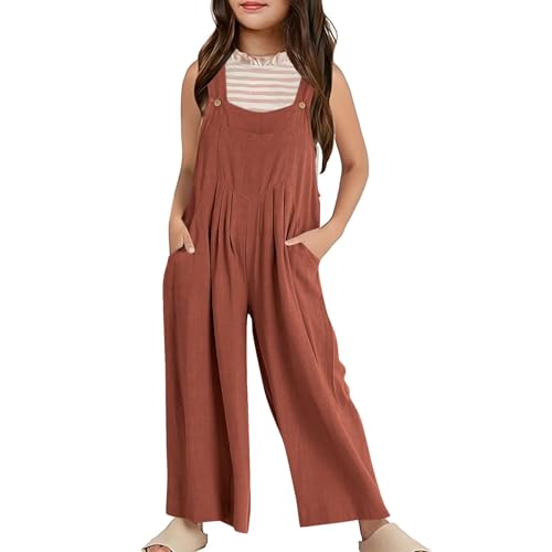 Image of Overalls for Teen Girls Jumpsuit Tween Preppy Clothes Square Neck Sleeveless Wide Leg Romper Kid Summer Jumper Outfit Casual Sleeveless Wide Leg Jumpsuit Loose Rompers with (Brown, 11-12 Years)
