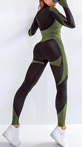 OLCHEE Women's 2 Piece Tracksuit Workout Outfits - Seamless High Waist Leggings and Long Sleeve Crop Top Yoga Activewear Set - Black and Green Size M
