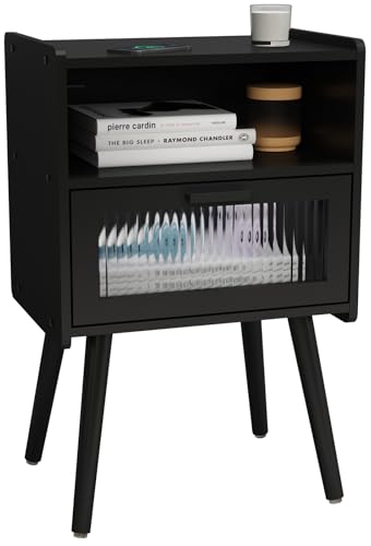 SOOWERY Mid Century Modern Nightstand, Side Table with Storage, Bedside Tables with Acrylic Drawer, End Table with Solid Wood Legs for Bedroom, Living Room and Small Spaces, Black