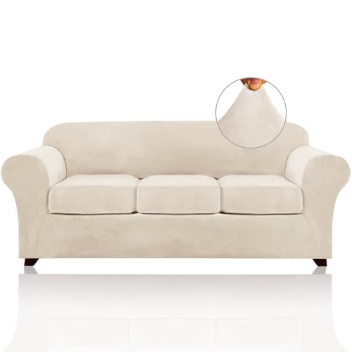 PrinceDeco Velvet Couch Covers for Sofa Soft 4 Pieces Couch Covers for 3 Cushion Couch Sofa Pet Friendly Furniture Protector with Non Slip Elastic Bottom Width Up to 90 Inch (Large, Ivory)