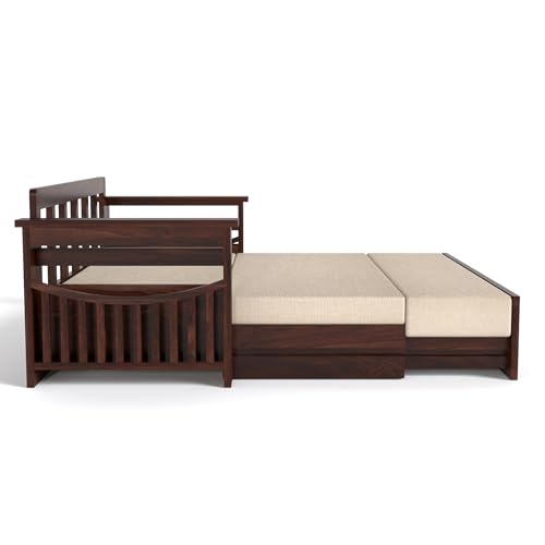 Image of Mamta Furniture Solid Sheesham Wood Sofa Set 3 Seater Furniture Wooden 3 Seater Sofa Cums Bed for Home Living Room with Cushions (Walnut with Cream, 3 Seater Design 2)