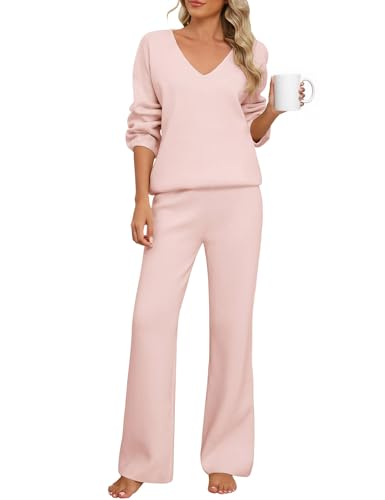 PASUDA Conjunto Punto Mujer 2 Piezas Invierno Otoño Pijama Largo Color Sólido Deportivo Conjunto Mujer Vestir Dos Piezas de Salón Chandal Mujer Cuello en V y Pantalones Suelto (Rosa, M)