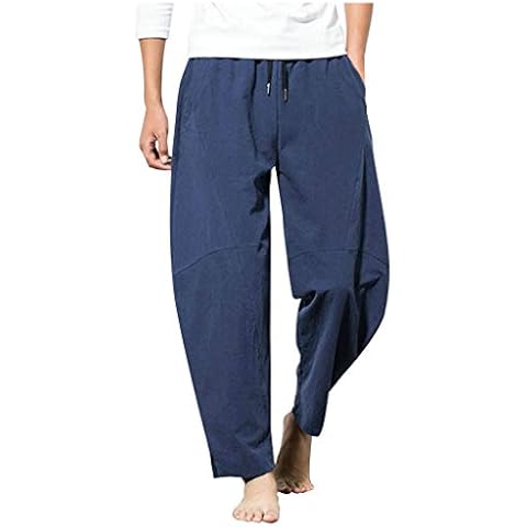 WUAI-Men Linen Cotton Casual Pants Elastic Waist Loose Fit Straight-Legs Stretchy Summer Beach Long Baggy Pants (Blue,Medium) Cover