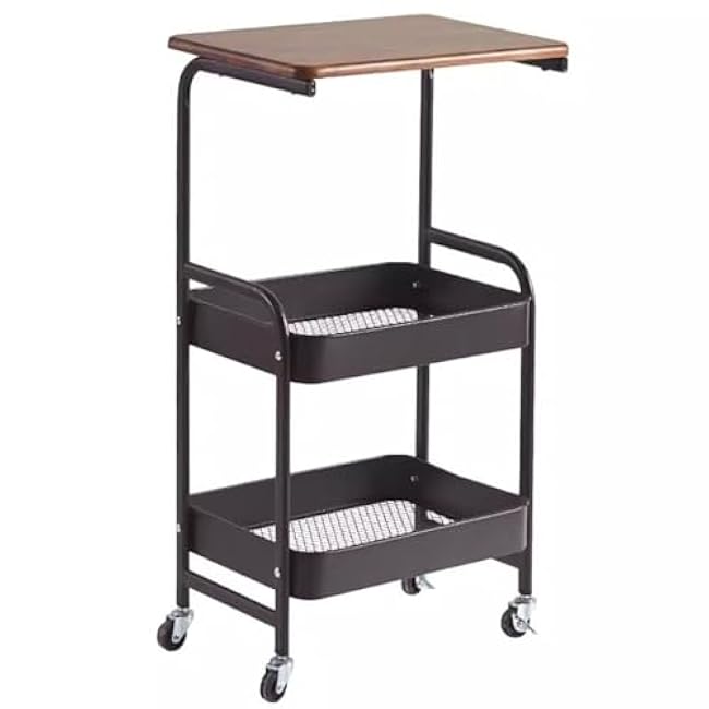 3 Tier Storage Cart Slide Out Narrow Kitchen Carts with Wood Top,Mobile Metal Utility Storage Carts for Bathroom Kitchen(Black)-7Ohv8kHG