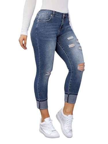 Flamingals Women's Curvy Capri Jeans Skinny Stretchy Butt Lifting Jeans Ripped Denim Jeans2