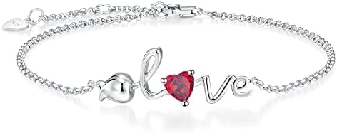 Leva Jewkis Sterling Silver Birthstone Bracelets Rose Love Created Ruby Gemstone July Birthstone Dainty Charm Link Birthday Anniversary Jewelry for Women Girls 6.7+1.2 Inches
