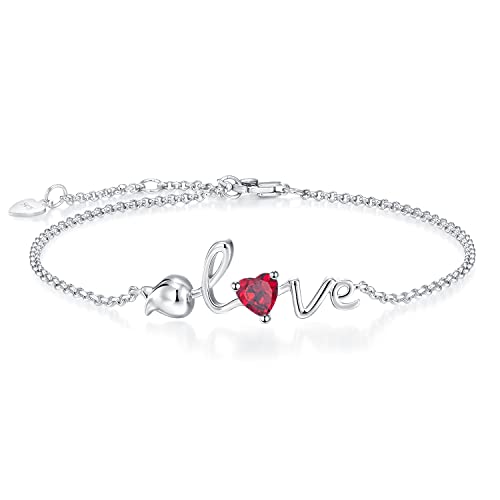 Leva Jewkis Sterling Silver Birthstone Bracelets Rose Love Created Ruby Gemstone July Birthstone Dainty Charm Link Birthday Anniversary Jewelry For Women Girls 6.7+1.2 Inches #TOP21