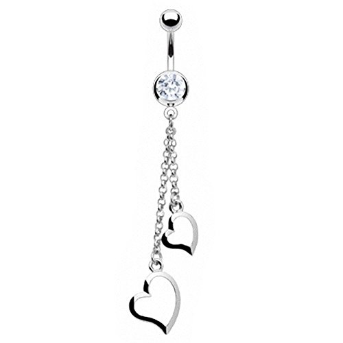 Piercingfaktor Bauchnabelpiercing Chirurgenstahl Bauch Bauchnabel Piercing Banane Stecker Anhänger mit Kristall Zwei Herzen Ketten Silber Clear Cover