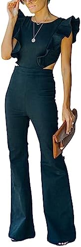 Omoone Womens Flared Denim Overalls Jumpsuit Ruffle Sleeves Backless Stretchy Blue Jean Romper