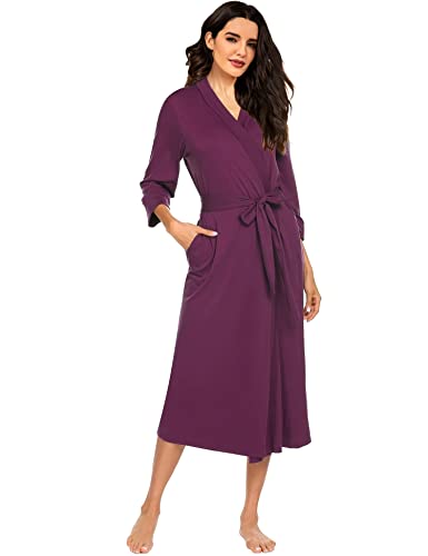 MAXMODA Women Kimono Robes Long Knit Bathrobe Knit Sleepwear V-Neck Casual Ladies Loungewear(Purple Red,XL)