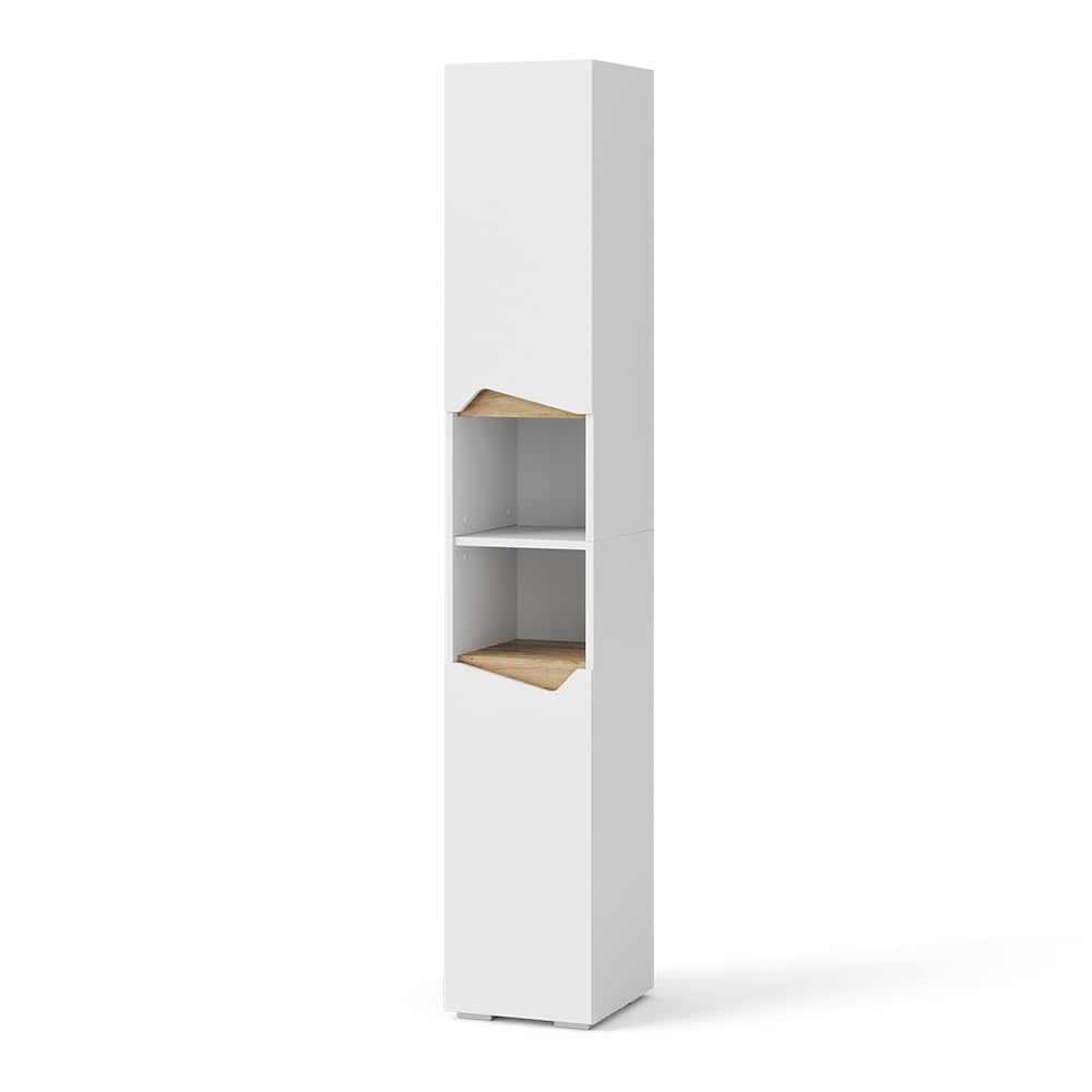 Vicco Armario de baño Marelle, Blanco/Artesano, 30 x 180 cm | con puertas y compartimentos abiertos, para guardar artículos de baño y toallas