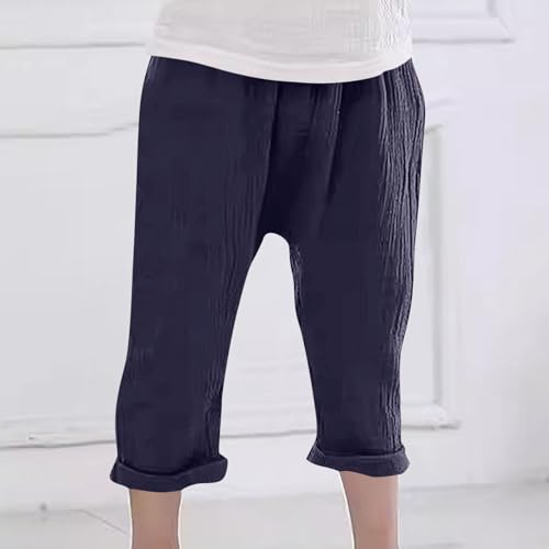 Girls Capri Pants Summer Casual Wrinkled Cotton Linen Pants with Rolled Hem Elastic Wasit Lightweight Comfy Trousers2
