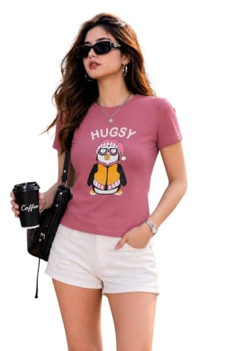Image of Preneum Women's Graphic Printed T-Shirt, Round Neck Half Sleeve Casual Slim Fit Cotton Blend Tee, College, Office & Travel