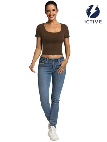 ICTIVE Women's Short Sleeve T Shirts Casual Summer Basic Scoop Neck Slim Fit Work Tops Coffee L — view 3