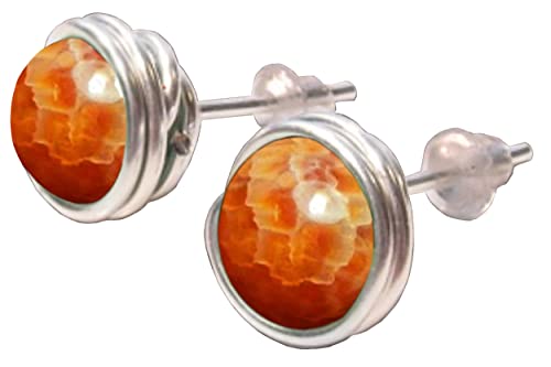 Fire Agate 6mm Post Earrings in Black Iron, Titanium, Steel, Sterling Silver,14K Rose Gold or 14k Gold Wire (Handmade), July Birthstone Jewelry, Real Gemstone bead