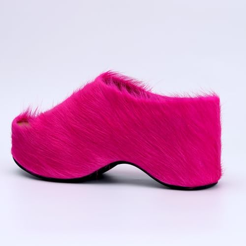 Image of XOBZJH Long-Hair Calfskin Chunky Clog Slide for Women - Memory Foam Luxury Slip on Shoes Women's Mules & Platform Clogs,Designer Mules for Women 2025