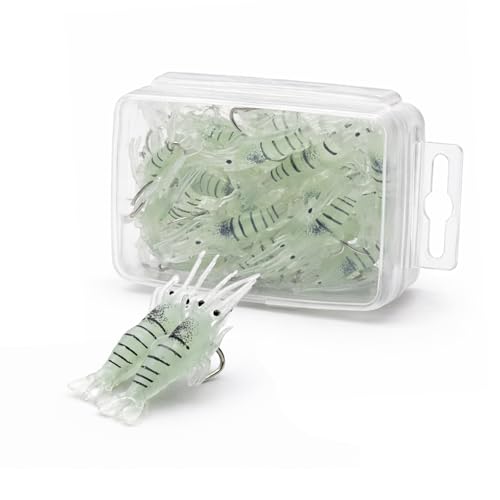 Keenjorika Glow in the Dark Soft Shrimp Lure with Pre Rigged Hook 1.8 in Realistic Night Fishing Bait for Bass Trout Crappie Redfish Freshwater and Saltwater Use/1